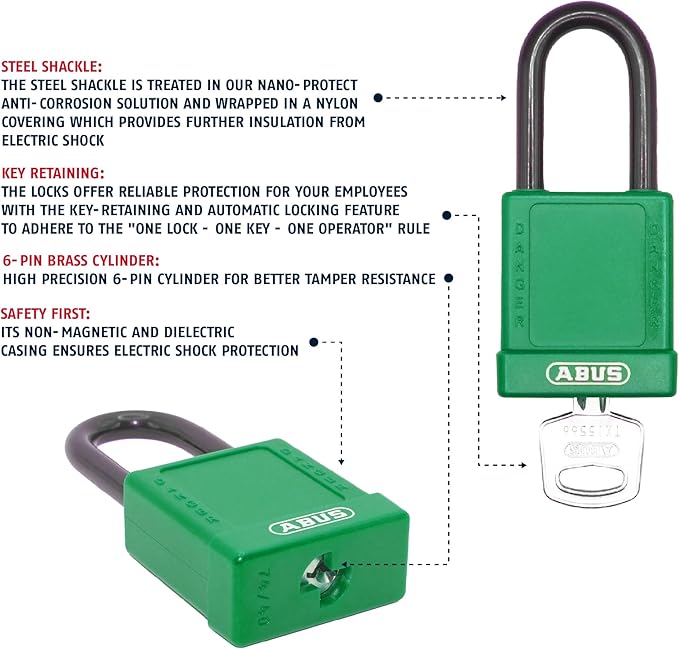 ABUS Green Pack of 10 Lockout Tagout Premium Solid Body Safety Padlock Set - OSHA Compliant Loto Locks Insulated Against Electric Shock, Keyed Different, 1 Key Per Lock