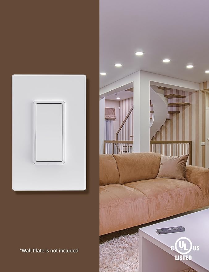 AIDA Single Pole Rocker Decorator Light Switch, 15 Amp Self-grounding Electrical Light Switches, Wall Plate Included, Residential Grade, UL Listed (50 Pack, Matte White)