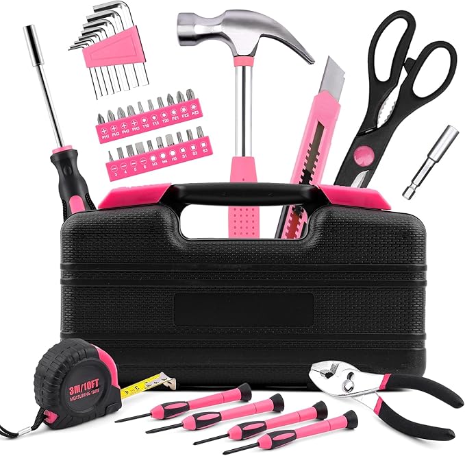 SenHodyu Pink Tool Set for Women-40 Piece General Household Hand Tool Box with Plastic Toolbox Storage Case Tool Kit (Pink)