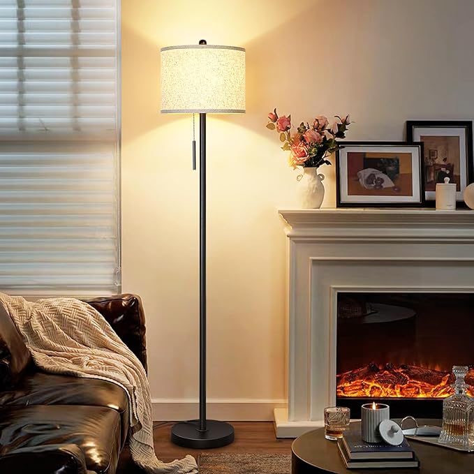 Floor Lamp for Living Room, 63in Black Standing Lamp, 3-Way Dimmable Floor Lamp for Bedroom, Tall Lamp with White Linen Shade for Office