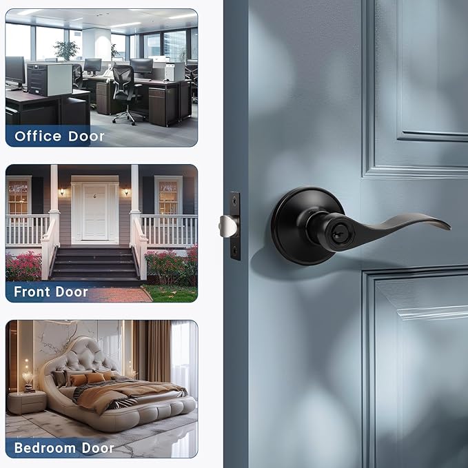 Knobonly 3 Pack Keyed Bathroom/Bedroom Door Lock, Matte Black Front Door Handle, Exterior Door Handle, Different Key for Each Pack, Zinc Alloy