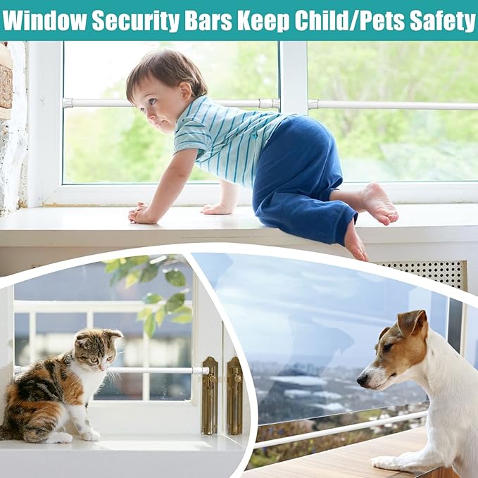 4 Pcs Window Security Bars, Adjustable Sliding Glass Door Bar Sliding Door Security Bar Window Safety Lock Bar with Rubber Tips for Children Home, Extends from 15.8-27.6 Inch, White