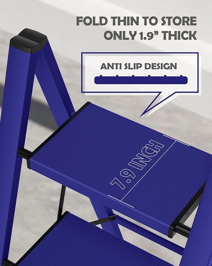 Taranta 3 Step Ladder,Aluminum Lightweight Folding 3 Step Stool with Anti-Slip Wide Pedal,330lbs Capacity Step Ladder for Household,Kitchen,Office - Blue