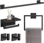 TQKAG 5-Pieces Matte Black Bathroom Hardware Accessories Set 23.6" SUS304 Stainless Steel Towel Bar Set Wall Mounted Square Toilet Paper Holder with Shelf