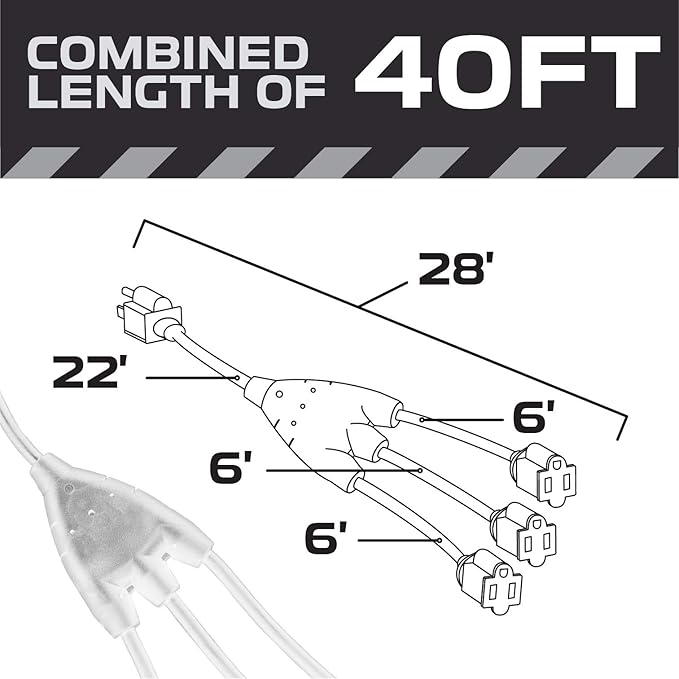 Iron Forge Cable White 1 to 3 Outdoor Extension Cord Splitter 28 Ft (40 Ft Total Length) - 16 Gauge Power Cord, 3 Prong, 3 Outlets 16/3 SJTW