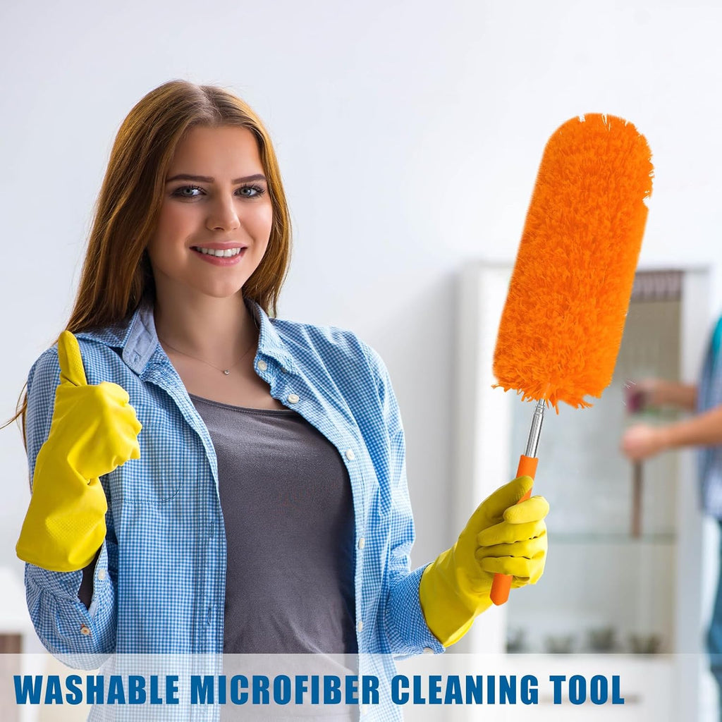 Tanlade 12 Pcs Microfiber Feather Duster for Cleaning 13-31 Inch Extendable Cobweb Dusters Ceiling Fan Duster Washable Bendable Tool for Office Car Window Furniture (Orange)