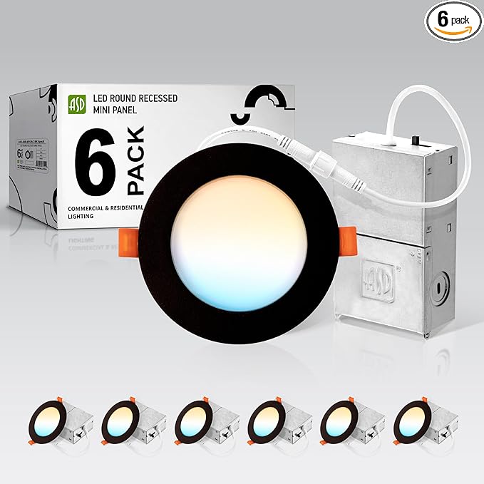 ASD 6 Pack LED Recessed Lighting 4 Inch 12W, 5 CCT 2700K-5000K CRI90+, IC Rated Ultra Thin Dimmable Ceiling Lights with J Box, Canless Wafer Downlight, Round Slim Panel Light, UL Listed, Black