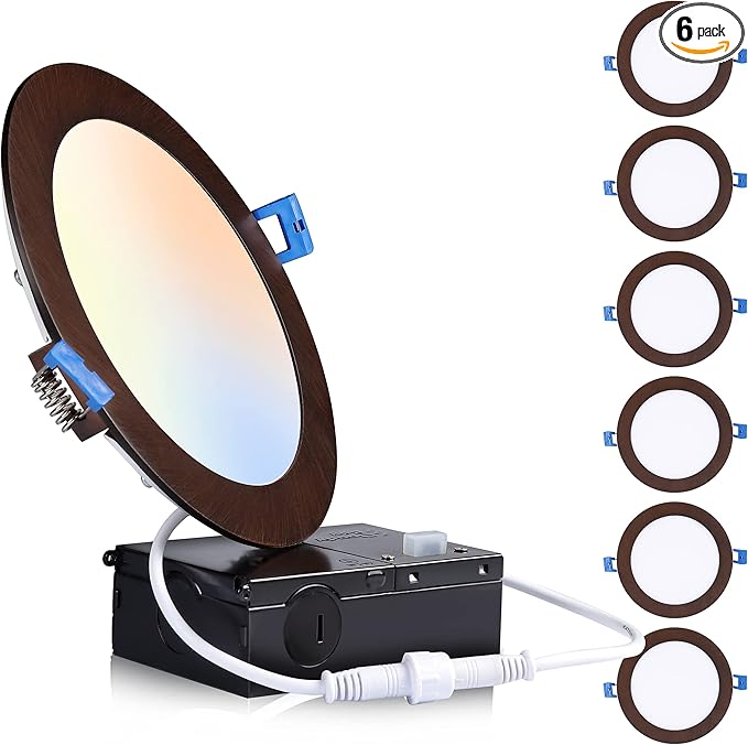 Cloudy Bay 6 inch 3000K/ 4000K/ 5000K Three Color Temperature Selectable,Dimmable 15W CRI90+,Ultra Thin LED Recessed Light with Junction Box,IC Rated, Canless Wafer Downlight, Oil Rubbed Bronze,6 Pack