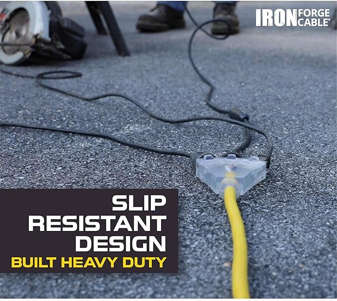 Iron Forge Cable 10 Gauge 10ft Lighted Outdoor Heavy Duty Extension Cord with 3 Outlets - 15 Amp 10/3 SJTW Yellow Extension Cord with Multiple Outlets - 2 Pack