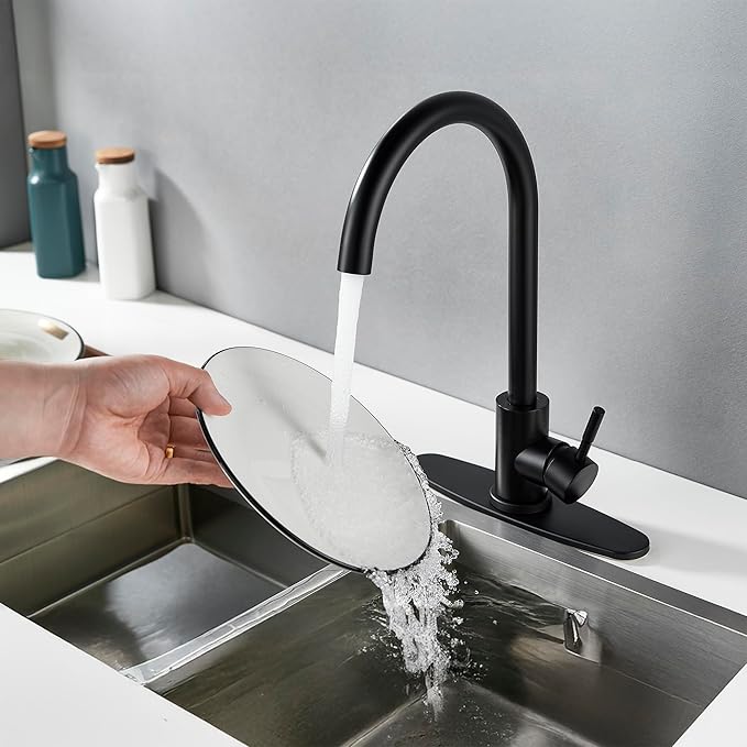 Single Handle High Arc Matte Black Kitchen Faucet Stainless Steel Commercial Single Hole Kitchen Sink Faucet, Modern One Hole Bar Sink Faucet with Deck Plate