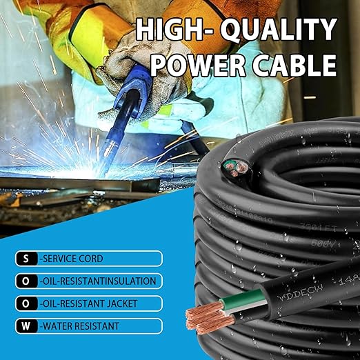 100ft 14/3 14 AWG Portable Power Cable (3 Conductor) - SOOW 600V 14 Gauge Electric Wire for Motor Leads, Portable Lights, Battery Chargers and Machinery - 3 Conductor - 100 Feet Electrical Cord