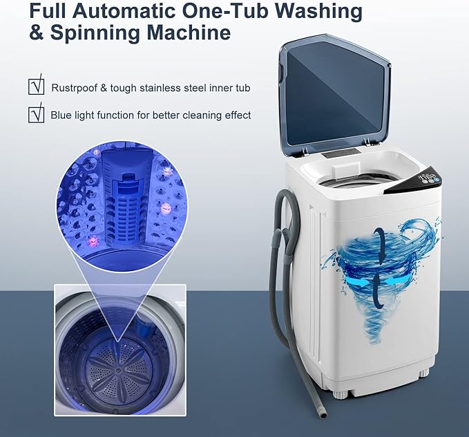 COSTWAY Portable Washing Machine, 7.7lbs Capacity Compact Laundry Washer and Spin Combo with 6 Programs, Built-in Barrel Light, Full-Automatic Washing Machine for Apartments Camping RVs Dorm, Blue