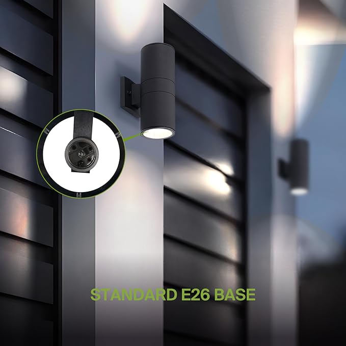 ASD 2 Light Outdoor Wall Light Fixture | 120W E26 Bulb Socket 120V ETL Cylinder Up Down Lights | LED/CFL/Incandescent Bulb Exterior Wall Sconce | Front Door, Porch, Patio Lighting | Black, 6 Pack