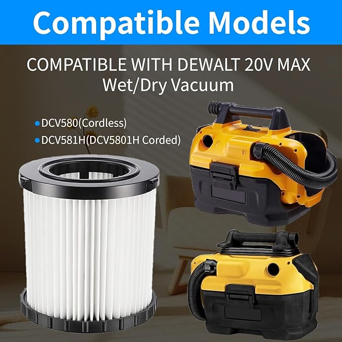 9 Pack DCV5801H DCV580H Vacuum HEPA Filter for DeWalt DCV580H, DCV581H 20V MAX Wet/Dry Vacuum, Washable and Reusable, 6 Foam Sleeve Filters and 1 Brush