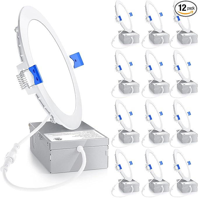 Ensenior 12 Pack 6 Inch LED Recessed Light, Dimmable, 6000K Clear White, 1200LM High Brightness, 12W 120V, 2 Pin, ERL-12X-ETL, Damp Rated, Ultra-Thin Canless Wafer Ceiling Light - ETL & FCC & IC