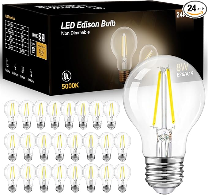 dalattin A19 Vintage LED Edison Bulbs, 60W Equivalent Light Bulbs, 5000K Daylight White, Clear Glass Filament Bulb, Efficient 8W, E26 Base, 800 LM, CRI80+, Non-Dimmable for Home, Farmhouse, 24 Pack