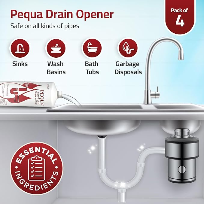 PEQUA INDUSTRIES Pequa Heavy Duty Drain Opener, Non-Acid, Fast-Acting Formula, Industrial strength Drain Cleaner for Sinks, Tubs, Septic Tanks - 32 Oz (Pack of 4)