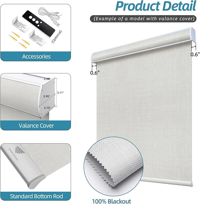 SmartWings Motorized Smart Blinds with Remote, Custom Automatic 100% Blackout Roller Shade Compatible with Alexa/Homekit/Google, Electric Smart Blinds for Indoor Windows, Vigor White