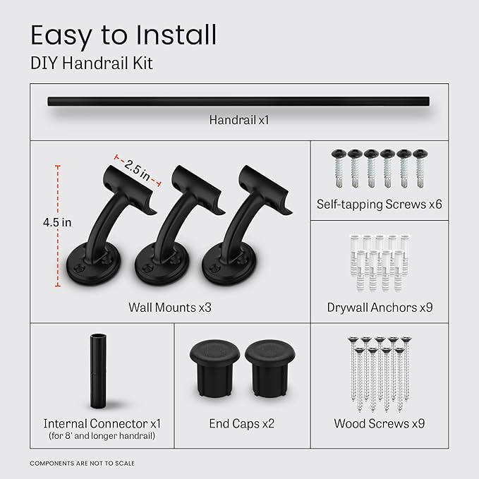 Meranti Aluminum Handrail for Indoor or Outdoor Steps and Stairs – Hand Rails for Elderly – DIY Complete Stair Railing Kit (AHR, Black Textured, 9' Length)