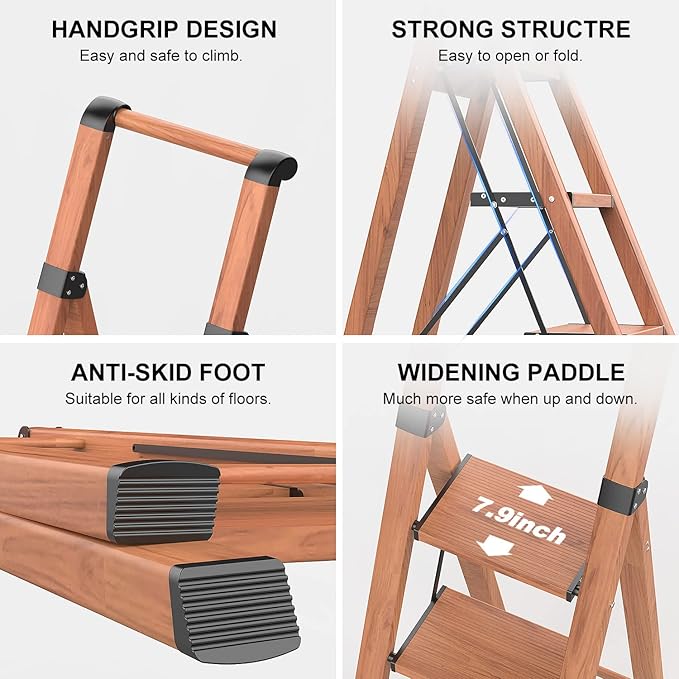 GameGem Folding Step Ladder, 4 Step Ladder with Anti-Slip and Wide Pedal, Lightweight Aluminum Step Stool with Handgrip, Space Saving Stepladder for Home and Kitchen, 300 lbs Capacity (Woodgrin