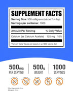 BulkSupplements.com Calcium Acetate Powder - Calcium Supplement, Calcium Acetate Supplement - Food Grade & Gluten Free, 500mg (125mg Calcium) per Serving, 500g (1.1 lbs) (Pack of 1)