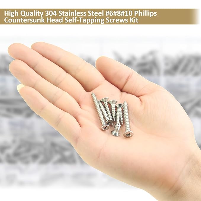 327 Pieces #6#8#10 Phillips Countersunk Head Self-Tapping Screws, Wood Screws Assortment Kit, 304 Stainless Steel