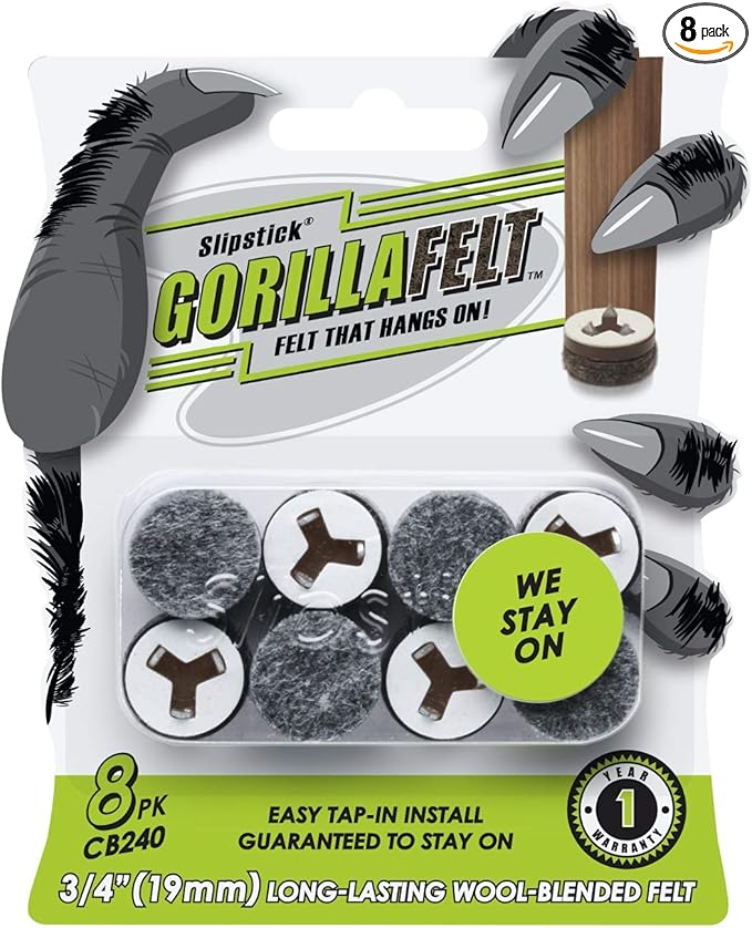 GorillaFelt CB240 Chair Leg Floor Protectors/Felt Glides (Set of 8) Tap On Felt Furniture Pads Guaranteed to Stay On, 3/4 Inch Round Sliders