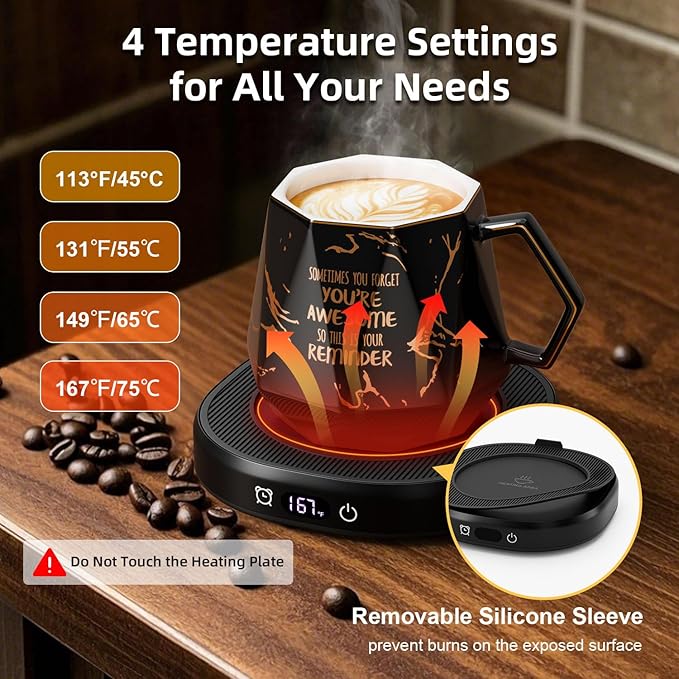 Coffee Mug Warmer & Awesome Mug Set, Smart Heated Electric Coffee Cup Warmer for Desk Office, 4 Temperature Control Tea Coffee Beverage Warmer, 8 Hours Auto Shut Off, Birthday Gifts for Women Man