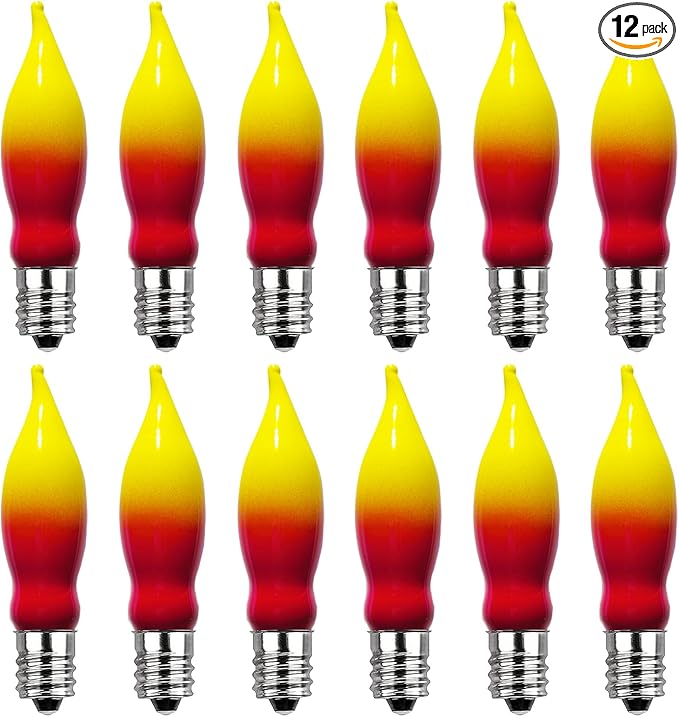 Halloween Flame Light Bulbs- 12 Pack Red Yellow Christmas Candle Light Bulb- E12 Candelabra Base Replacement Bulbs for String Lights Candle Lamp Nightlight Chandelier C7 Christmas Lights- 7 Watts