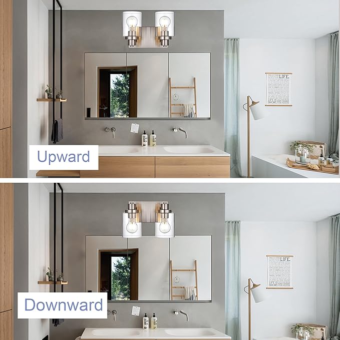 2 Light Vanity Light Fixtures - Brushed Nickel, Modern Design with Clear Glass Shade, Farmhouse Style Over Mirror Lighting