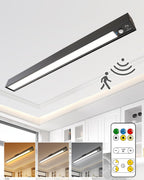 Rechargeable Motion Sensor Ceiling Light, Full Metal Battery Powered LED Closet Light, 3 Color 500LM Dimmable with Remote & Timer, Magnetic Cordless Mount for Shower, Hallway, Garage, Pantry -Black