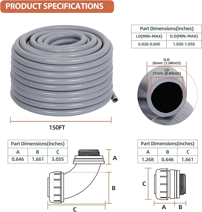 Liquid-Tight Conduit 3/4 150ft, Electrical Conduit w/UL Certification, Flexible Conduit with 5 Straight and 5 90-Degree Conduit Connector Fittings Gray