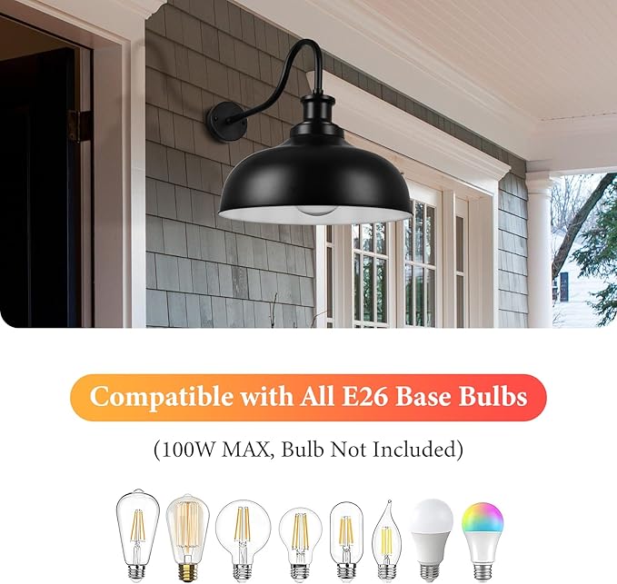 Outdoor Gooseneck Barn Light,16 Inch Dome Outdoor Wall Sconce Farmhouse Exterior Wall Mount Light Vintage Wall Lighting Fixture Industrial Black Wall Lantern for Porch, Entryway, Garage, 3 Pack