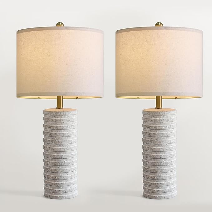 PoKat 27" Stone-Like Farmhouse Ceramic Table Lamps Set of 2 for Bedroom, Rustic Nightstands Lamps for Night Stands, Distressed Neutral Bedside Lamps with Natural Textured for Living Room, Home Decor