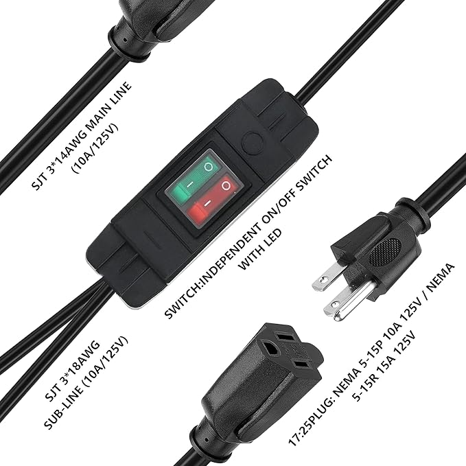 Black 2 Way Extension Cord with On/Off LED Switch, Fiabtool 3 Prong Extension Cord Splitter, Heavy Duty Plug Splitter, SJTW 18AWG 10A/125V, Indoor Use (6.56 Ft, Black)