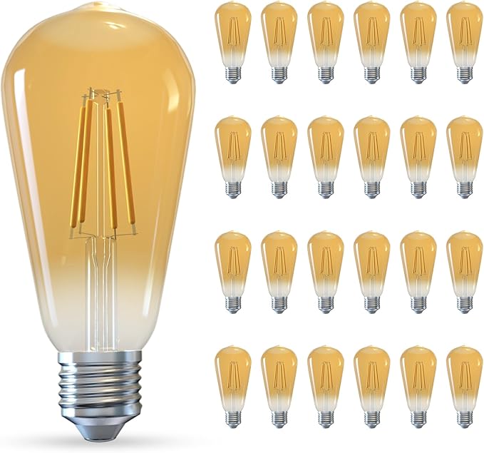 Jensense Edison LED Light Bulbs E26 Bulb 60 watt Equivalent Dimmable Light Bulbs 2300K Warm White (Amber Glass) Vintage 7W Edison Bulbs 110V 120V 800 Lumen CRI90, 24 Pack