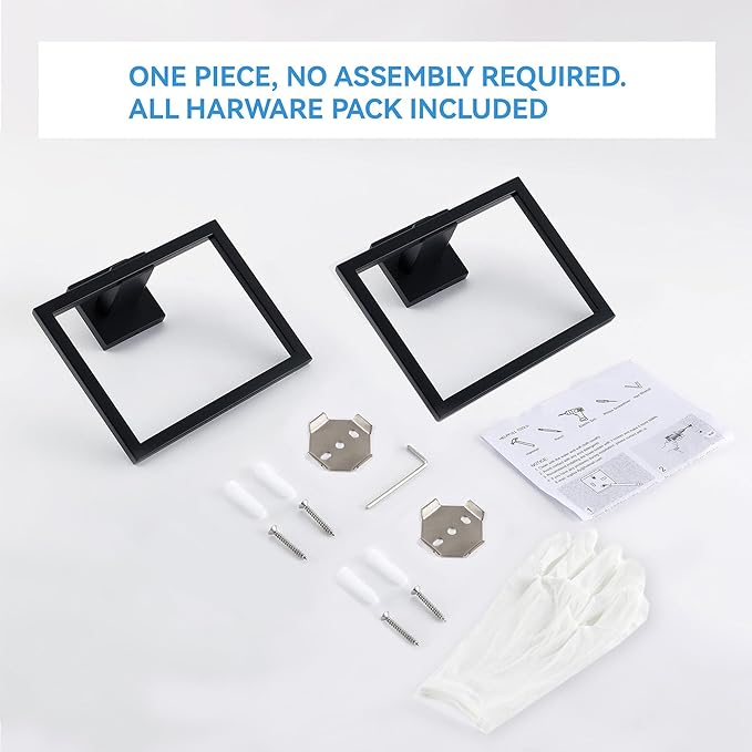 LANC Hand Towel Rings for Bathroom Wall Mount Matte Black Square Hand Towel Holder Command Towel Hanger for Bathroom Lavatory Towel Holder Stainless Steel Modern Towel Rack Hanger 2 Pack, A8896MB-P2