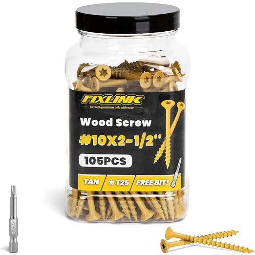 Wood Screws 2-1/2 Inch, FIXLINK Deck Screws #10 x 2-1/2", 105 PCS, Epoxy Coated, T25 Star Bit Above 1500 Hour Salt Spray Coating Outdoor Decking Screws Excellent Rust Resistant for Outdoor Wood Fence