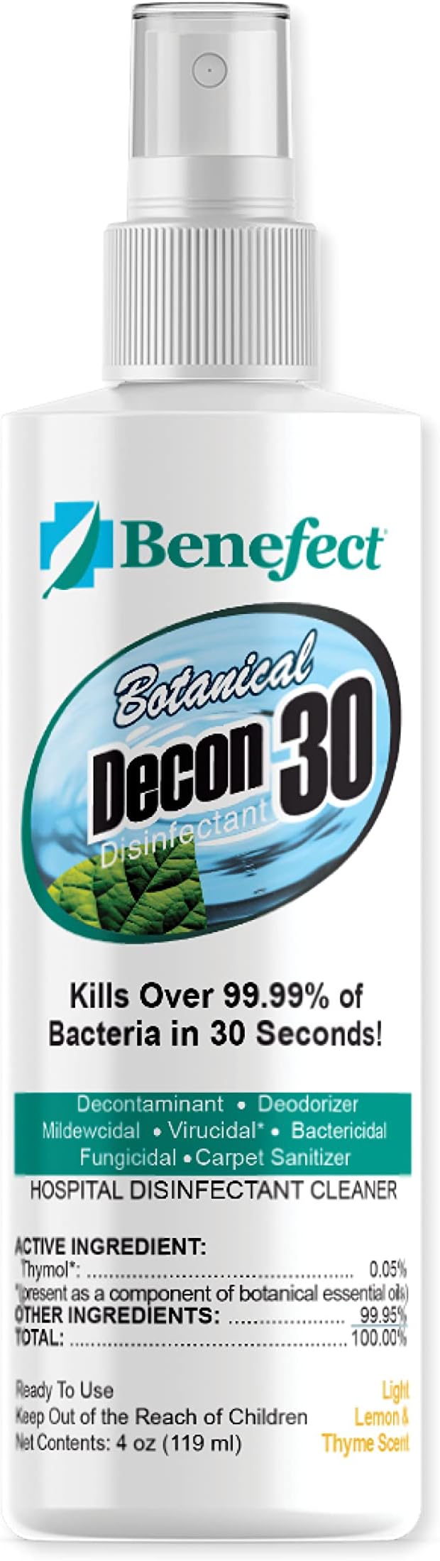 Benefect Botanical Decon 30 Disinfectant Cleaner, 4 oz. Spray Bottle, Light Lemon & Thyme Scent, Hospital Grade Disinfectant, Kills Over 99.99% of Germs, Safe for Food-Contact Surfaces