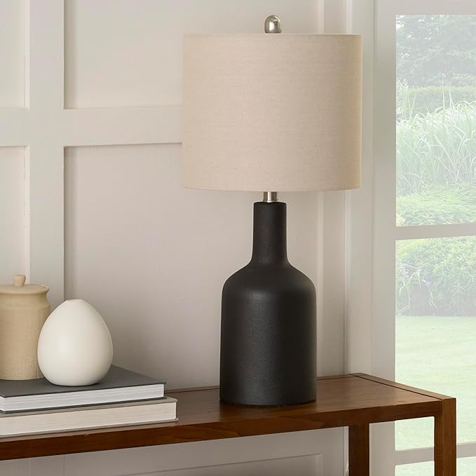 Nourison Home 22" Matte Black Ceramic Table Lamp with Oatmeal Shade for Modern, Transitional, Bedside Table, Living Room, Dining, Entryway