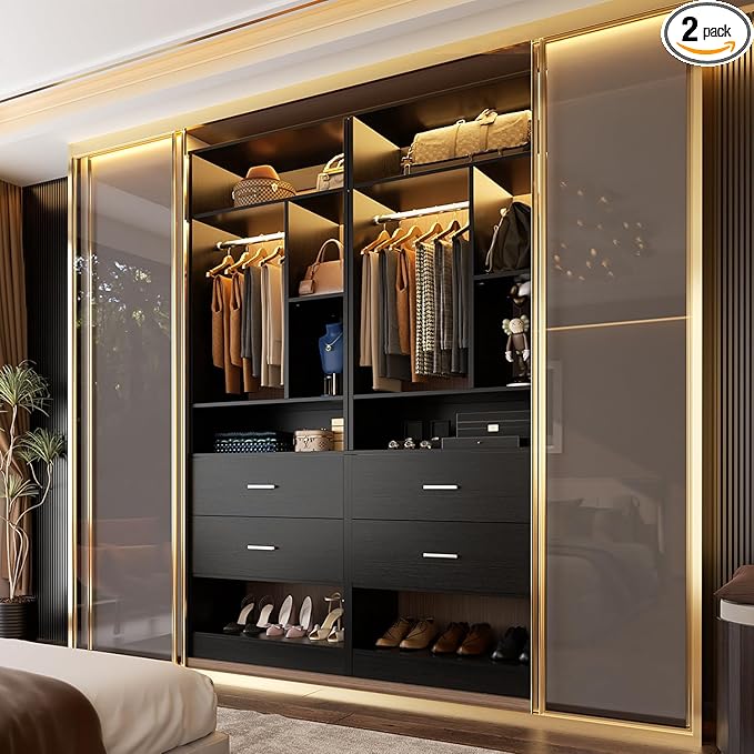 4FT Closet System with 4 Wood Drawers, 48" Closet Organizer System with 10+ Small Shelves & 2 Hanging Rods, Walk-in/Nursery Closet Systems, Set of 2, Black (48" L x 15" W x 80" H)