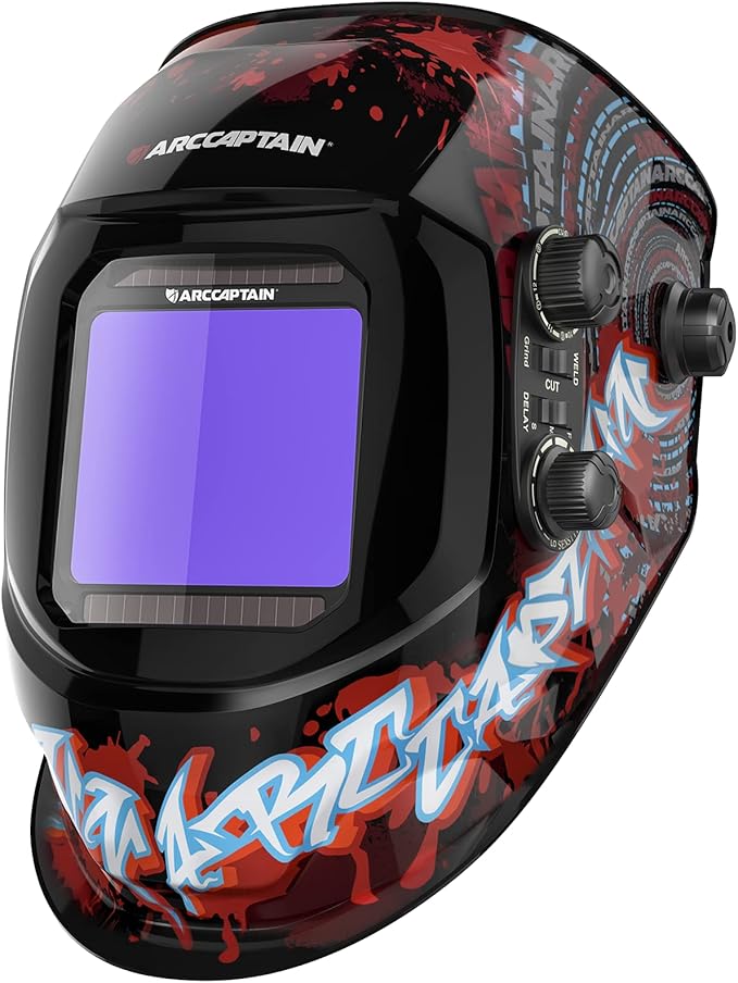 ARCCAPTAIN 3.94"X3.66" Large Viewing Screen Welding Helmet True Color Auto Darkening Solar Powered 4 Arc Sensor Welding Hood, Wide Shade 4-5/5-9/9-13 for ARC TIG MIG Welding Mask(Bloodshed Design)