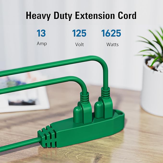 K KASONIC - 25-Feet 3 Outlet Extension Cord, UL Listed, 16/3 SJTW 3-Wire Grounded, 13 Amp 125 V 1625 Watts, Multi-Outlet Indoor/Outdoor Use, Green