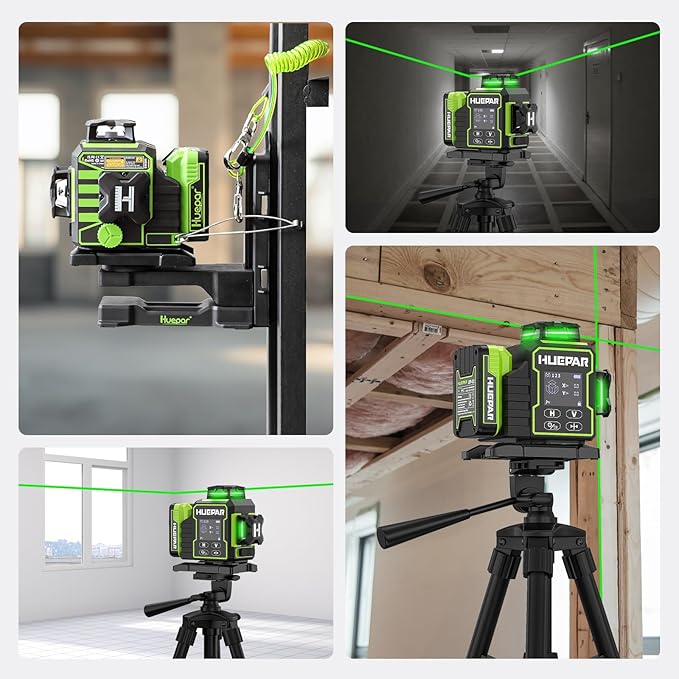 Huepar 2024 New Construction Laser Level 3x360 Self Leveling, 3D 12 Lines Bluetoothed Laser Level with Electric Rotating Base ＆ Large LCD Screen, 3 Planes Green Cross Lazer Leveler Tool W03CG