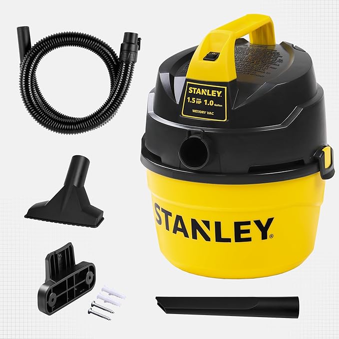 STANLEY Shop Vacuum Wet and Dry, 1 Gallon 1.5 Peak HP Small Wet Dry Vac with 60CFM Powerful Suction, Portable Wall Mount Vacuum Cleaners for Home, Car, Garage and DIY Workshop, SL18101P-1H
