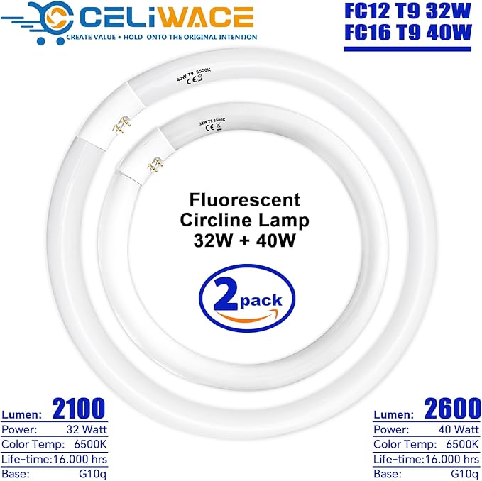 FC16T9 40 Watt and FC12T9 32W Set 6500K, 16 inch T9 40W Circline Light Bulbs, 12 inch 32W Circular Fluorescent Round Bulb CRI 80, DL 4700 Lumen G10q