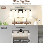 5-Light Bathroom Light Fixtures, 31" Modern Vanity Lights Over Mirror with Milky White Glass Shade, Matte Black Light Fixture, Classic Wall Light Fixture for Mirror Living Room Cabinet Bedroom Porch