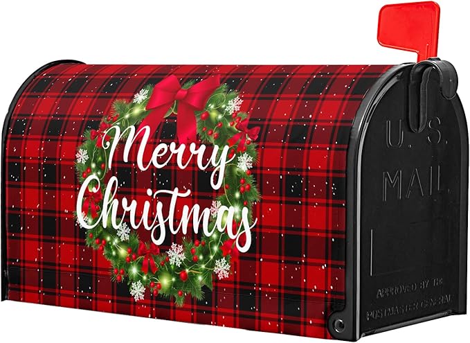 Kawani Merry Christmas Mailbox Cover - Magnetic Standard Size 21x18 Inch Winter Christmas Wreath Red Black Buffalo Plaid Xmas Holiday Wrap for Garden Yard Decor