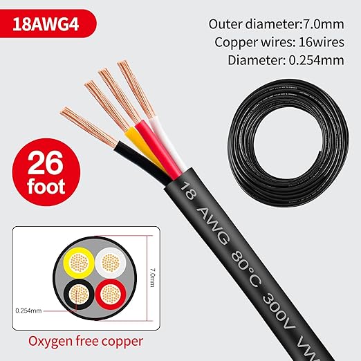 18 Gauge Wire 4 Conductor,18 AWG Electrical Wire Stranded PVC Cord Oxygen-Free Copper Cable,26FT 18/4 Core Pure Copper Flexible Cable Wire for LED Lamp Lighting Strips Automotive (18AWG-4C, 26FT)…