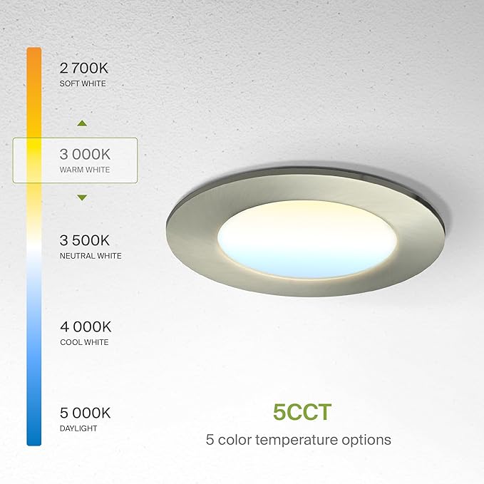 ASD 6 Pack LED Recessed Lighting 4 Inch 9W, 5 CCT 2700K-5000K CRI90+, IC Rated Ultra Thin Dimmable Ceiling Lights with J Box, Canless Wafer Downlight, Round Slim Panel Light, Energy Star ETL, Nickel